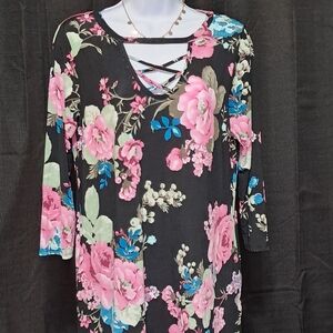 Floral Black Top with Pink and Blue Accents